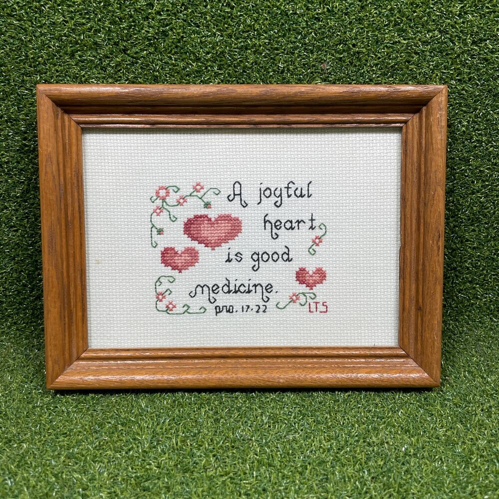 Vintage 1989 Framed Cross Stitch Joyful Heart Folk Art Cottagecore Grandmacore